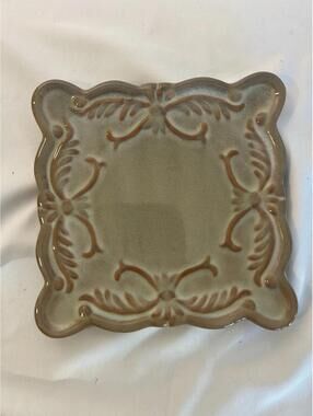 Vintage California Pantry 6" Green-Beige Embossed Ceramic Trinket Plate
